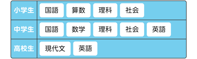 小学生:国語・算数・理科・社会
中学性:国語・数学・理科・社会・英語
高校生:現代文・英語